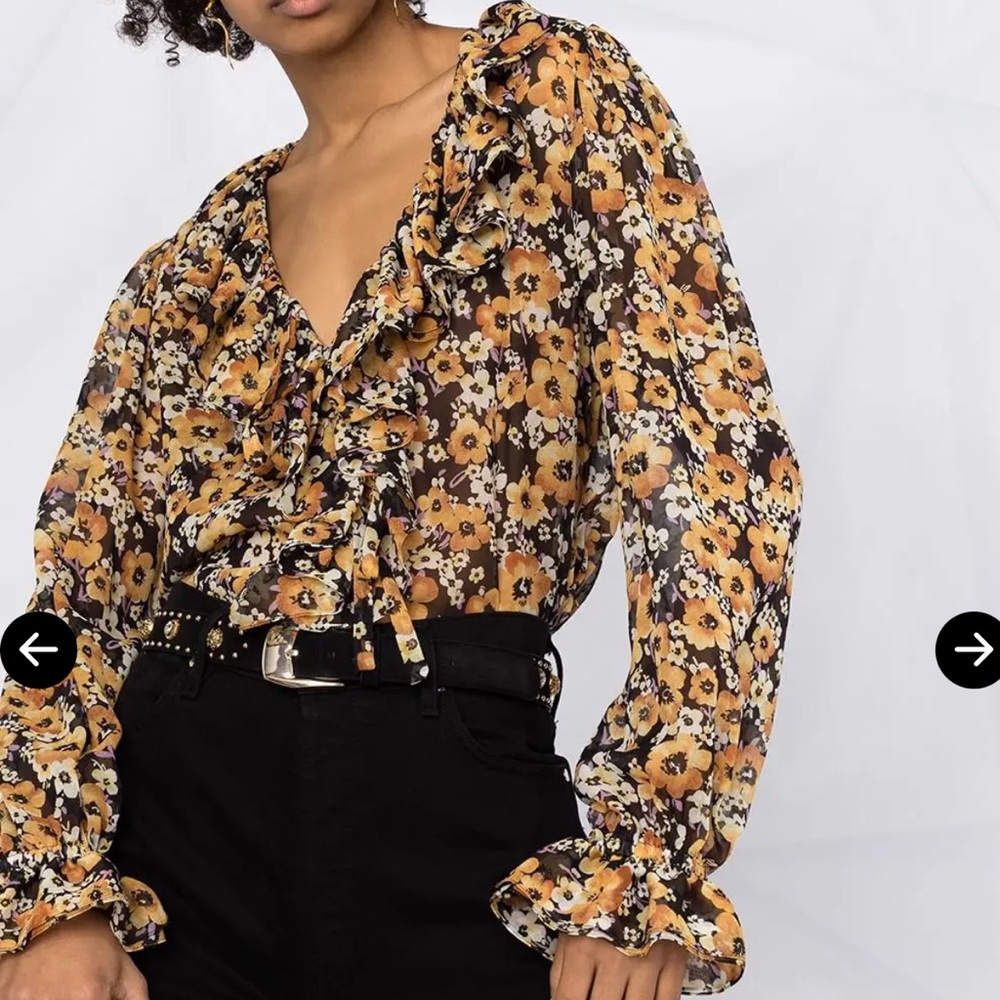 Saint Laurent Silk Frilled Tie Black and Yellow Floral Blouse Size 8 / French 40